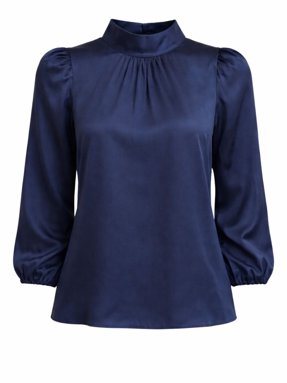 Greylin Navy Satin Blouse M Mock Neck Puff Sleeve Minimalist Chic